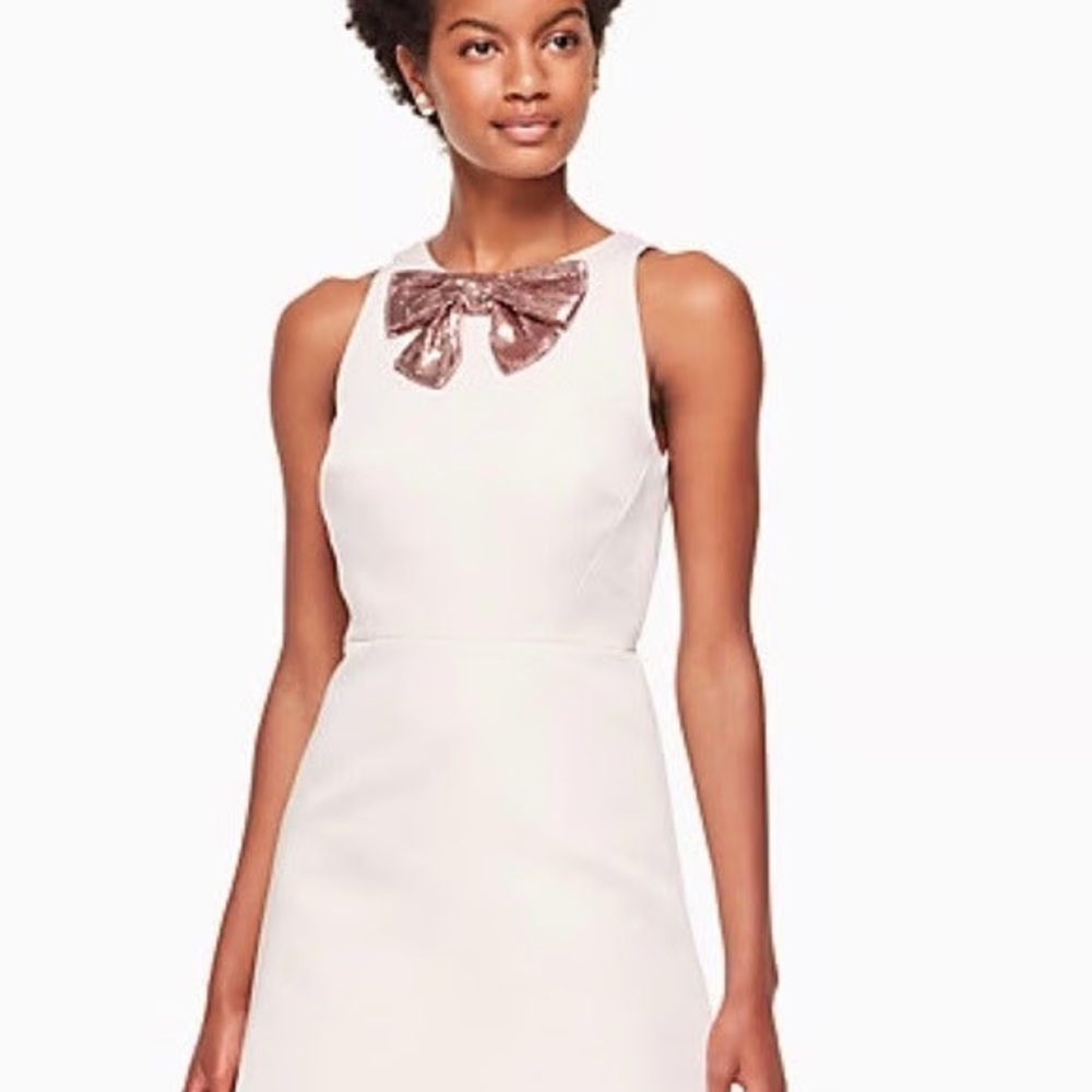 Kate Spade Pink A-line Elegant White Dress with sequin rose gold Bow Accent